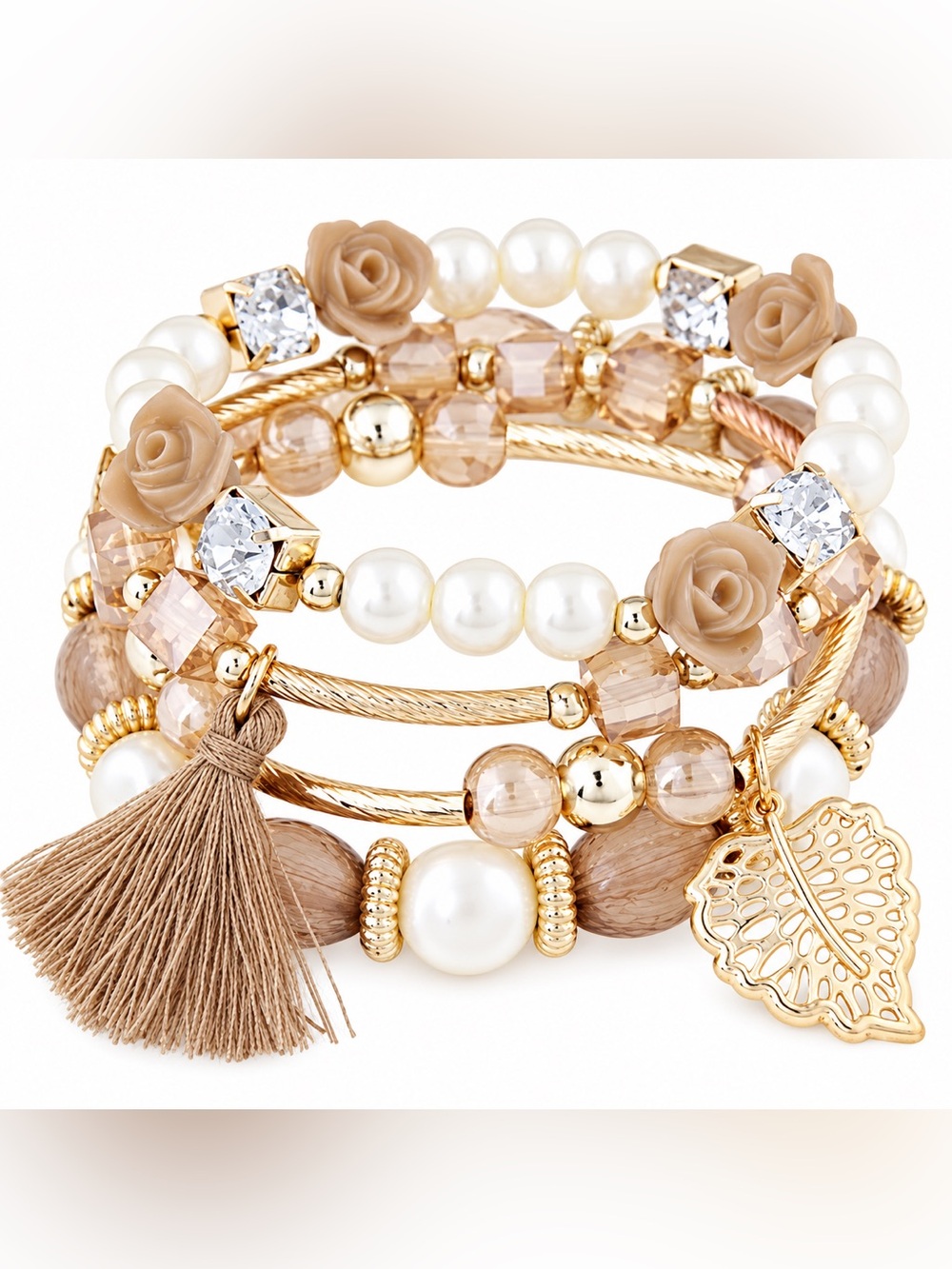 Champagne White Gold Boho Layered Bracelet Set Faux Pearl Rose Tassel Leaf NEW